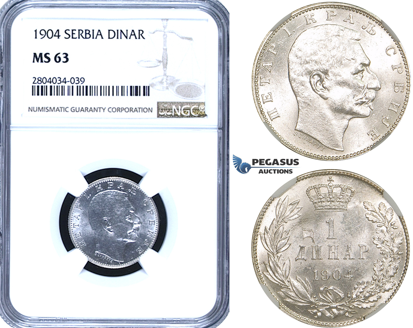 ZF92, Serbia, Petar I, 1 Dinar 1904, Silver, NGC MS63, Pop 1/0
