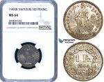 ZF95, Switzerland, 1 Franc 1904-B, Bern, Silver, NGC MS64, Pop 1/0, Finest! Rare!