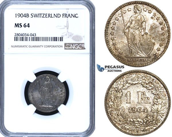 ZF95, Switzerland, 1 Franc 1904-B, Bern, Silver, NGC MS64, Pop 1/0, Finest! Rare!