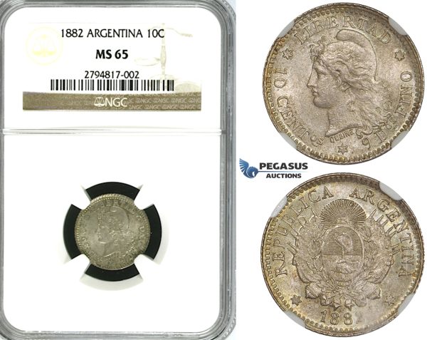ZF98, Argentina, 10 Centavos 1882, Silver, NGC MS65, Pop 1/1, No finer!