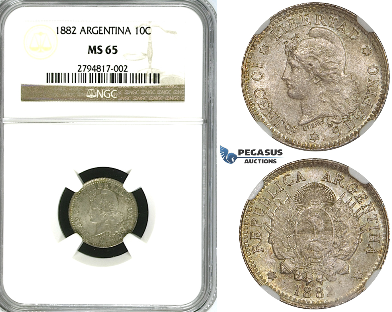 ZF98, Argentina, 10 Centavos 1882, Silver, NGC MS65, Pop 1/1, No finer!