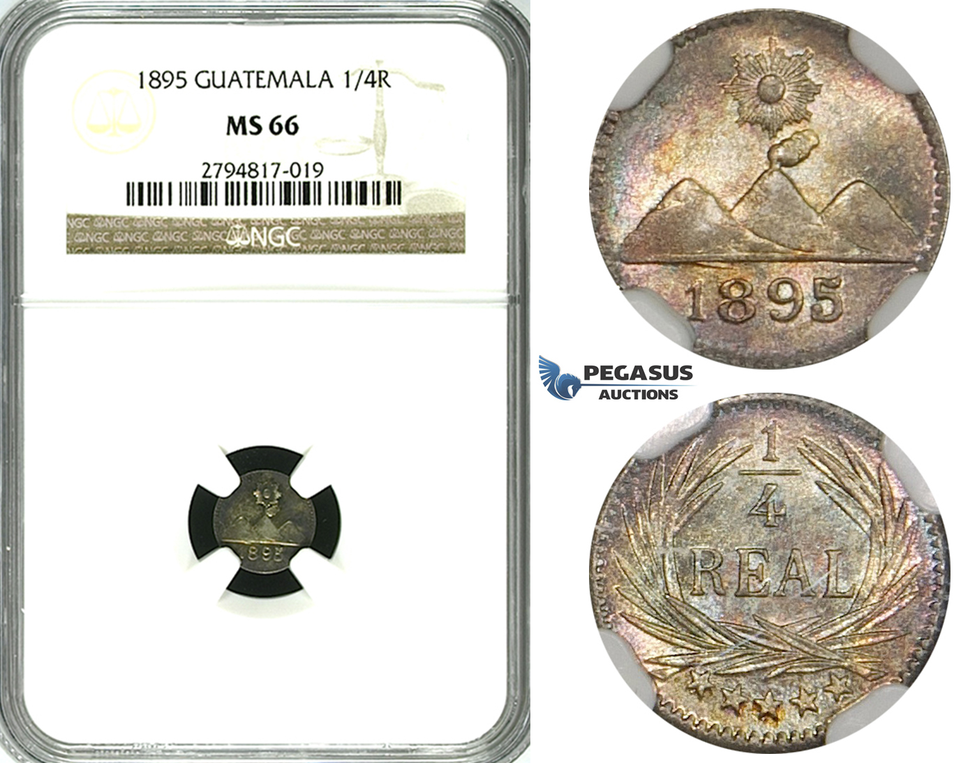 ZG05, Guatemala, 1/4 Real 1895, Silver, NGC MS66 (Rainbow toning) Pop 1/0, Finest!