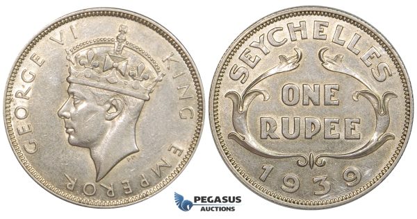 ZG10, Seychelles, George VI, Rupee 1939, Silver, Lustrous XF-UNC (Min. hairlines)