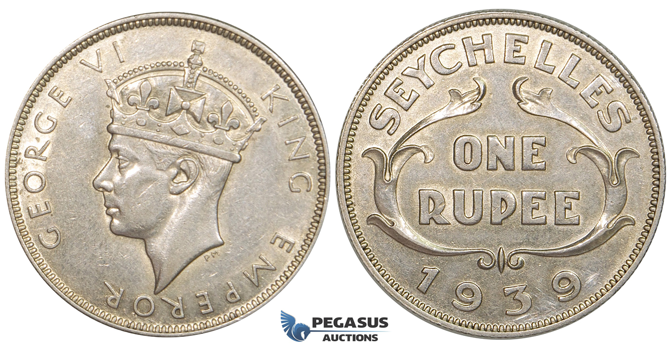 ZG10, Seychelles, George VI, Rupee 1939, Silver, Lustrous XF-UNC (Min. hairlines)
