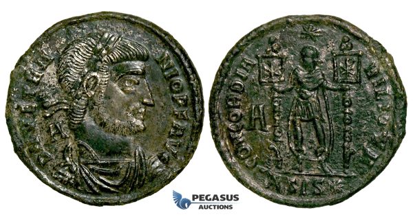 ZG18, Roman Empire, Vetranio (350 AD) Æ Nummus (4.91g) Siscia, Concordia/Standards, Remaining Silvering, EF