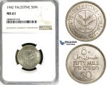 ZG24, Palestine, 50 Mils 1942, Silver, NGC MS61