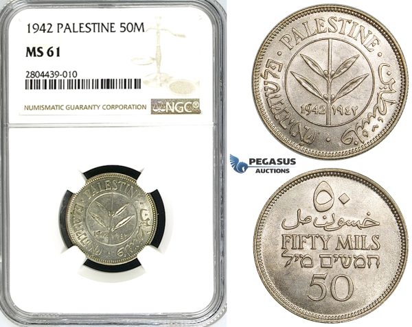 ZG24, Palestine, 50 Mils 1942, Silver, NGC MS61