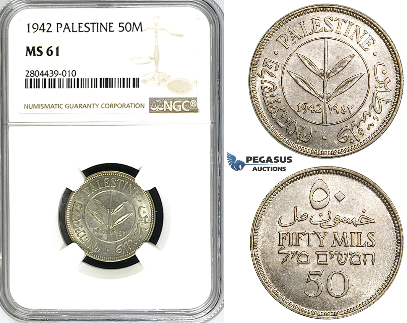 ZG24, Palestine, 50 Mils 1942, Silver, NGC MS61