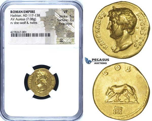 ZG39, Roman Empire, Hadrian (117-138 AD) AV Aureus (7.08g) Rome, 125-128 AD, She-wolf & twins, NGC VF, Fine Style, Rare!
