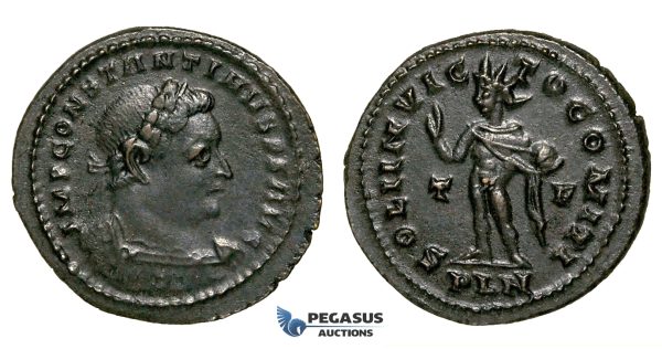 ZG41, Roman Empire, Constantine I (306-337 AD), Æ Nummus (4.49g) Londinium (London) Sol Standing, Brown, About EF