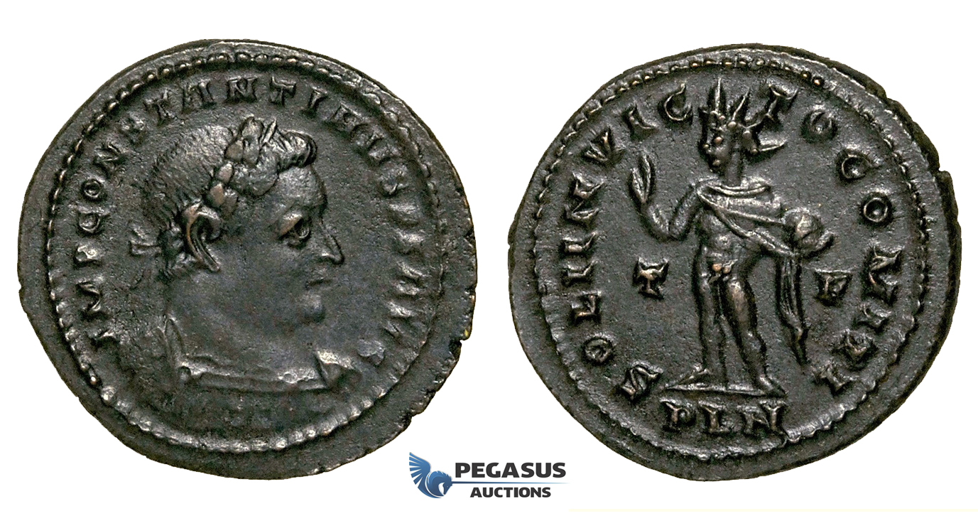 ZG41, Roman Empire, Constantine I (306-337 AD), Æ Nummus (4.49g) Londinium (London) Sol Standing, Brown, About EF