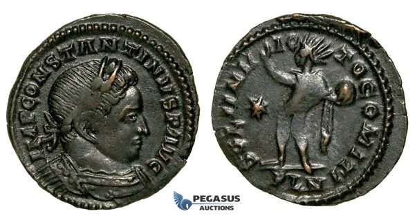 ZG43, Roman Empire, Constantine I (306-337 AD), Æ Nummus (2.84g) Londinium (London) Sol Standing, Brown VF-EF