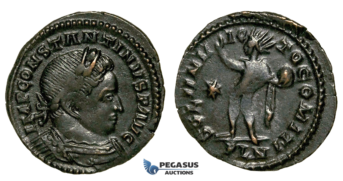 ZG43, Roman Empire, Constantine I (306-337 AD), Æ Nummus (2.84g) Londinium (London) Sol Standing, Brown VF-EF