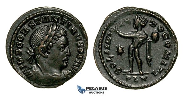 ZG44, Roman Empire, Constantine I (306-337 AD), Æ Nummus (3.42g) Londinium (London) Sol Standing, Brown VF-EF