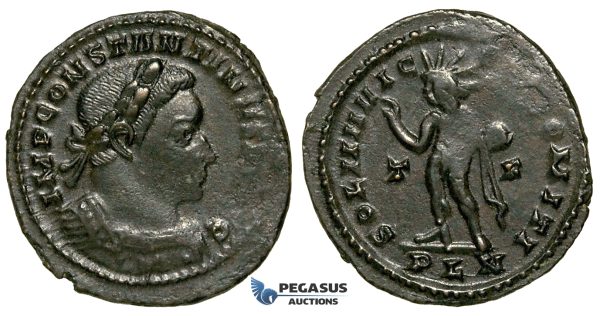 ZG47, Roman Empire, Constantine I (306-337 AD), Æ Nummus (4.46g) Londinium (London) Sol Standing, Brown VF