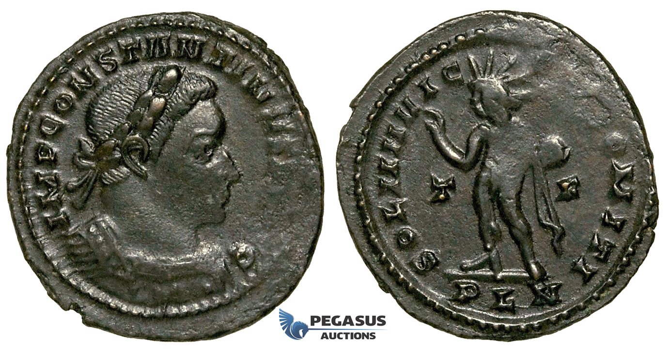 ZG47, Roman Empire, Constantine I (306-337 AD), Æ Nummus (4.46g) Londinium (London) Sol Standing, Brown VF