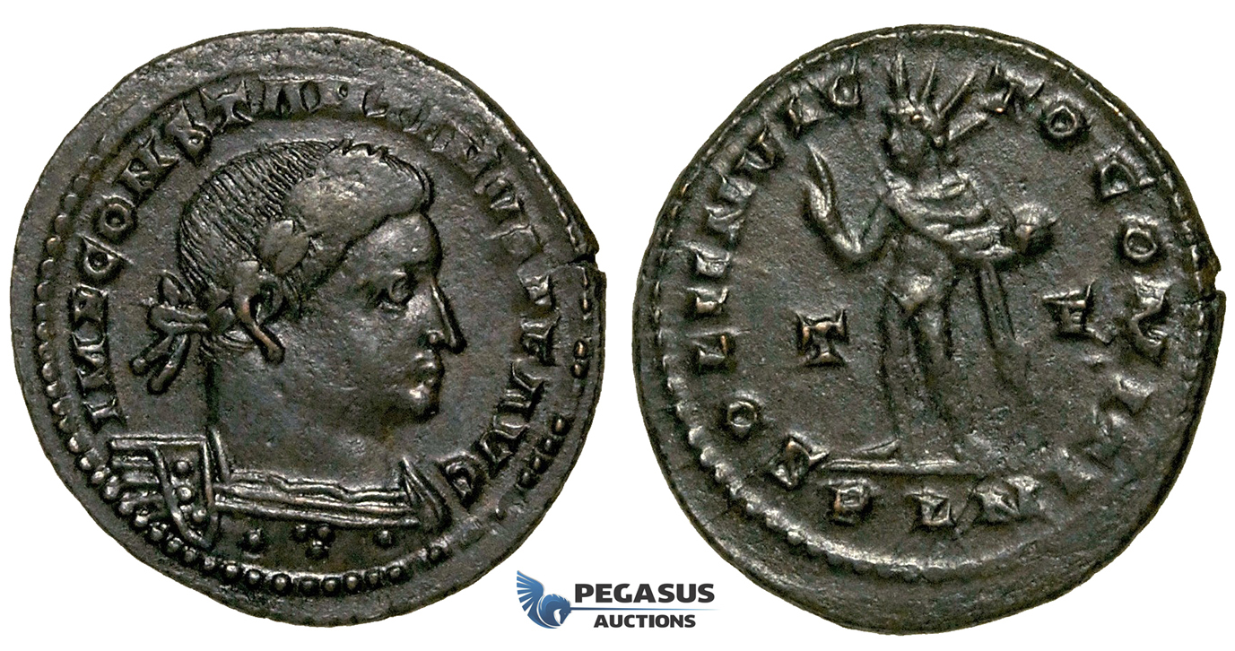 ZG48, Roman Empire, Constantine I (306-337 AD), Æ Nummus (4.81g) Londinium (London) Sol Standing, Brown Good VF
