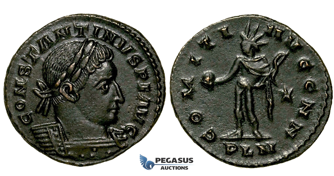 ZG49, Roman Empire, Constantine I (306-337 AD), Æ Nummus (3.91g) Londinium (London) Sol Standing, Brown VF-EF