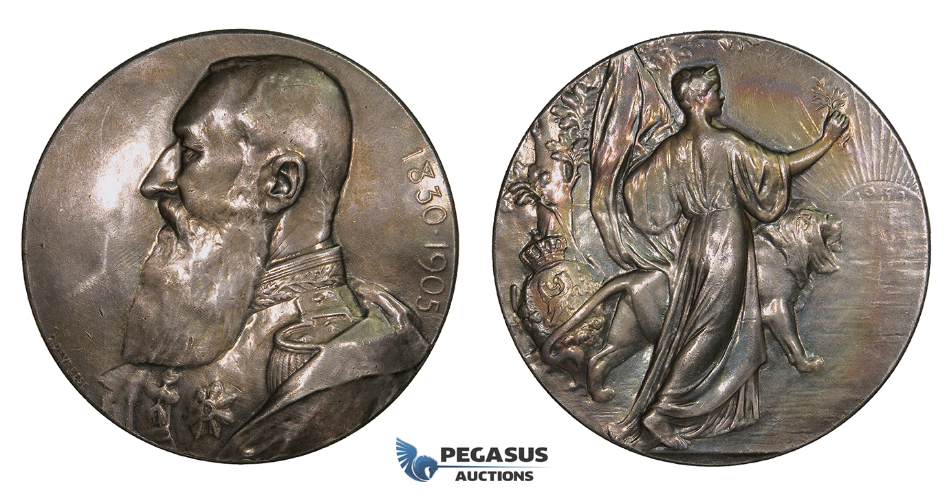 ZG53, Belgium, Leopold II, Silver Medal (Ø 69mm, 120g) by G. Devreese, Commemorating the 75th Anniversary of Belgian Independence