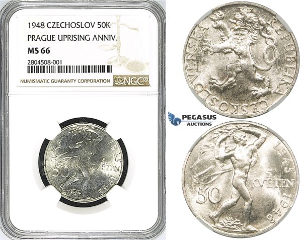 ZG57, Czechoslovakia, 50 Korun 1948 (Prague Uprising Anniv.) Silver, NGC MS66
