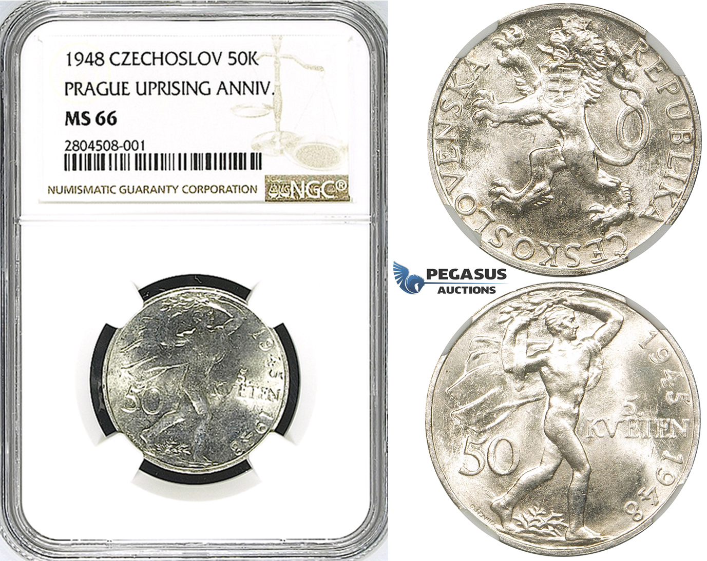 ZG57, Czechoslovakia, 50 Korun 1948 (Prague Uprising Anniv.) Silver, NGC MS66