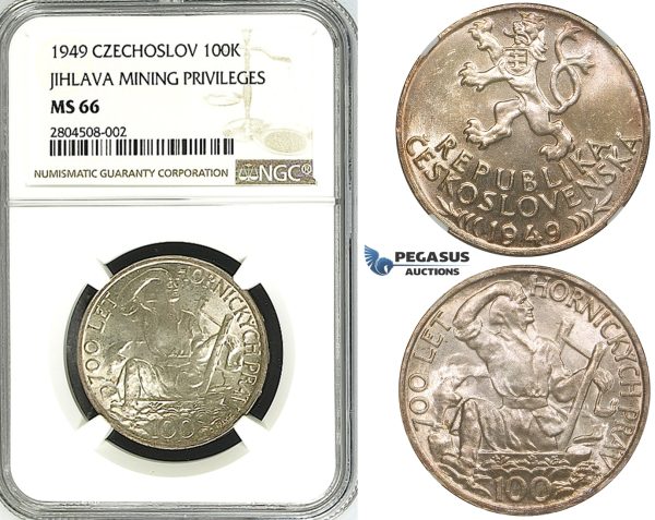 ZG58, Czechoslovakia, 100 Korun 1949 (Jihlava Mining Privileges) Silver, NGC MS66