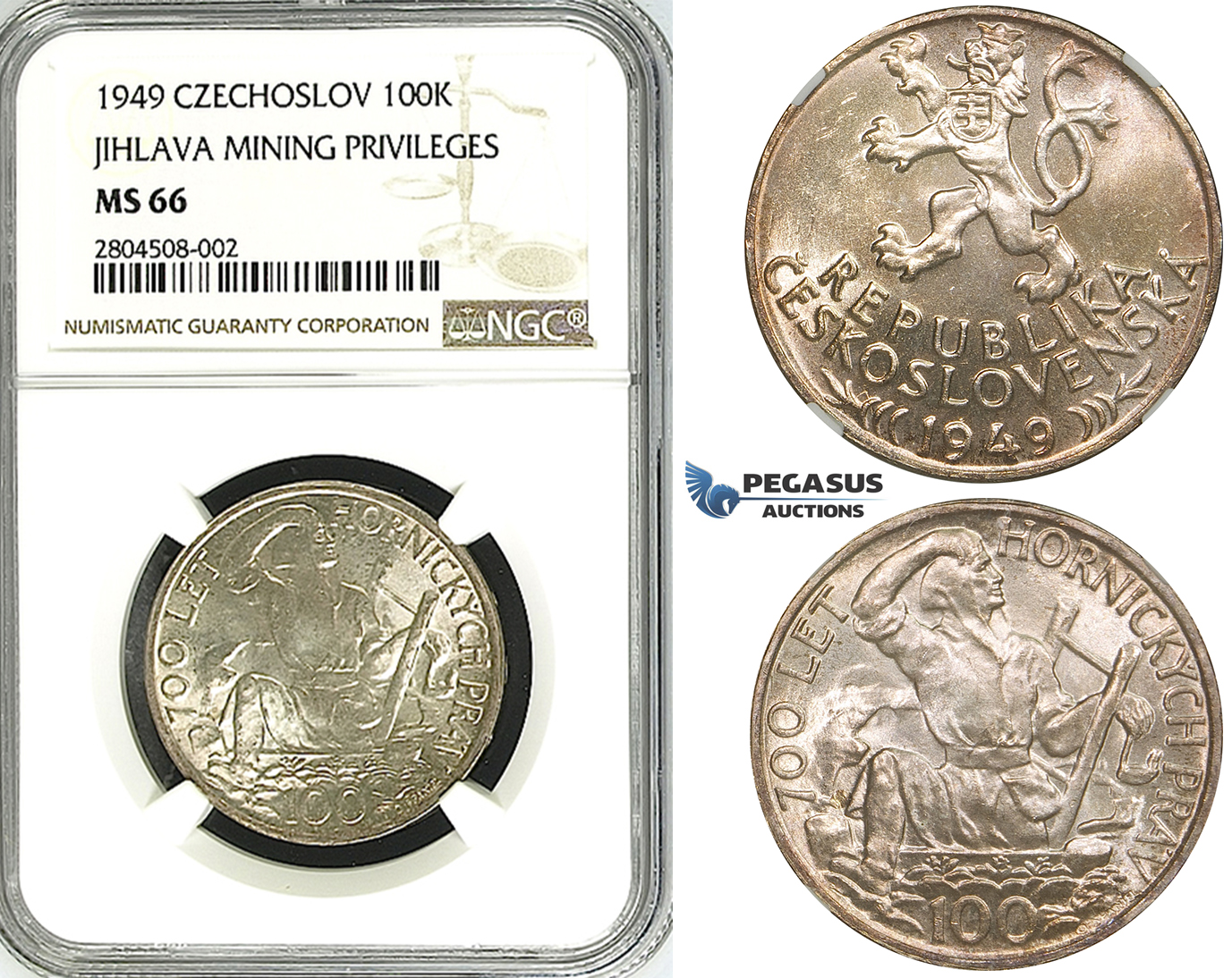 ZG58, Czechoslovakia, 100 Korun 1949 (Jihlava Mining Privileges) Silver, NGC MS66