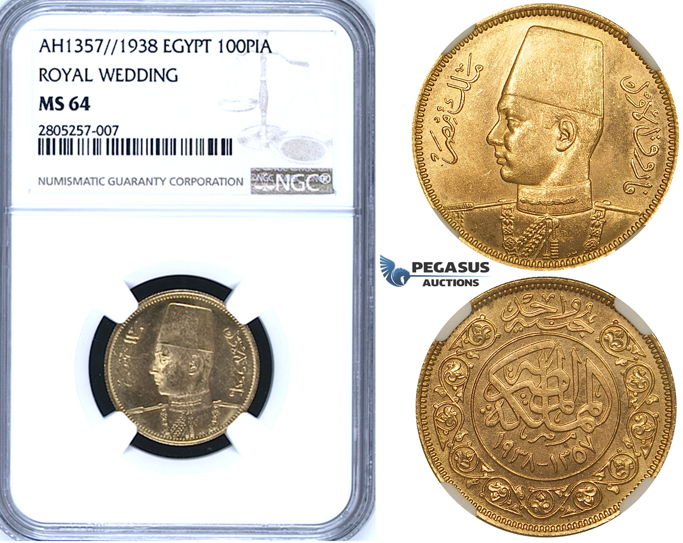 ZG60, Egypt, Farouk, 100 Piastres AH1357/1938 (Royal Wedding) Gold, NGC MS64