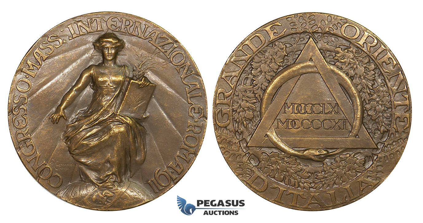 ZG70, Italy, Freemasonry Bronze Medal (Ø 45mm, 47g) by Croce, on the International Masonic Congress, Rome 1911
