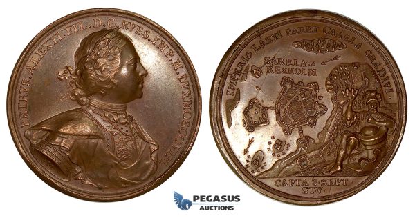 ZG76, Russia, Peter I, Bronze Medal (Ø 46mm, 41.77g) by T. Ivanov, Commemorating the Battle of Kexholm (Sweden) 1710, 19th Century Restrike