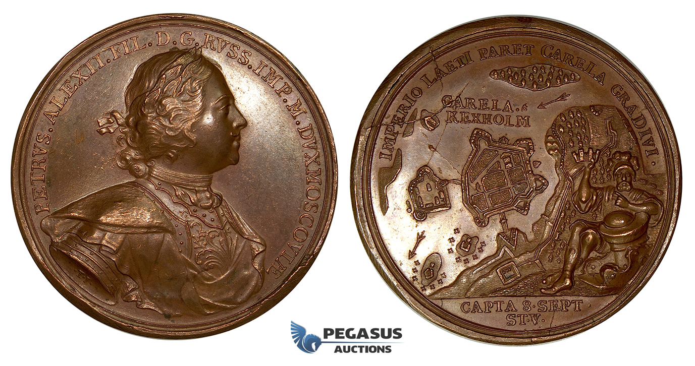 ZG76, Russia, Peter I, Bronze Medal (Ø 46mm, 41.77g) by T. Ivanov, Commemorating the Battle of Kexholm (Sweden) 1710, 19th Century Restrike