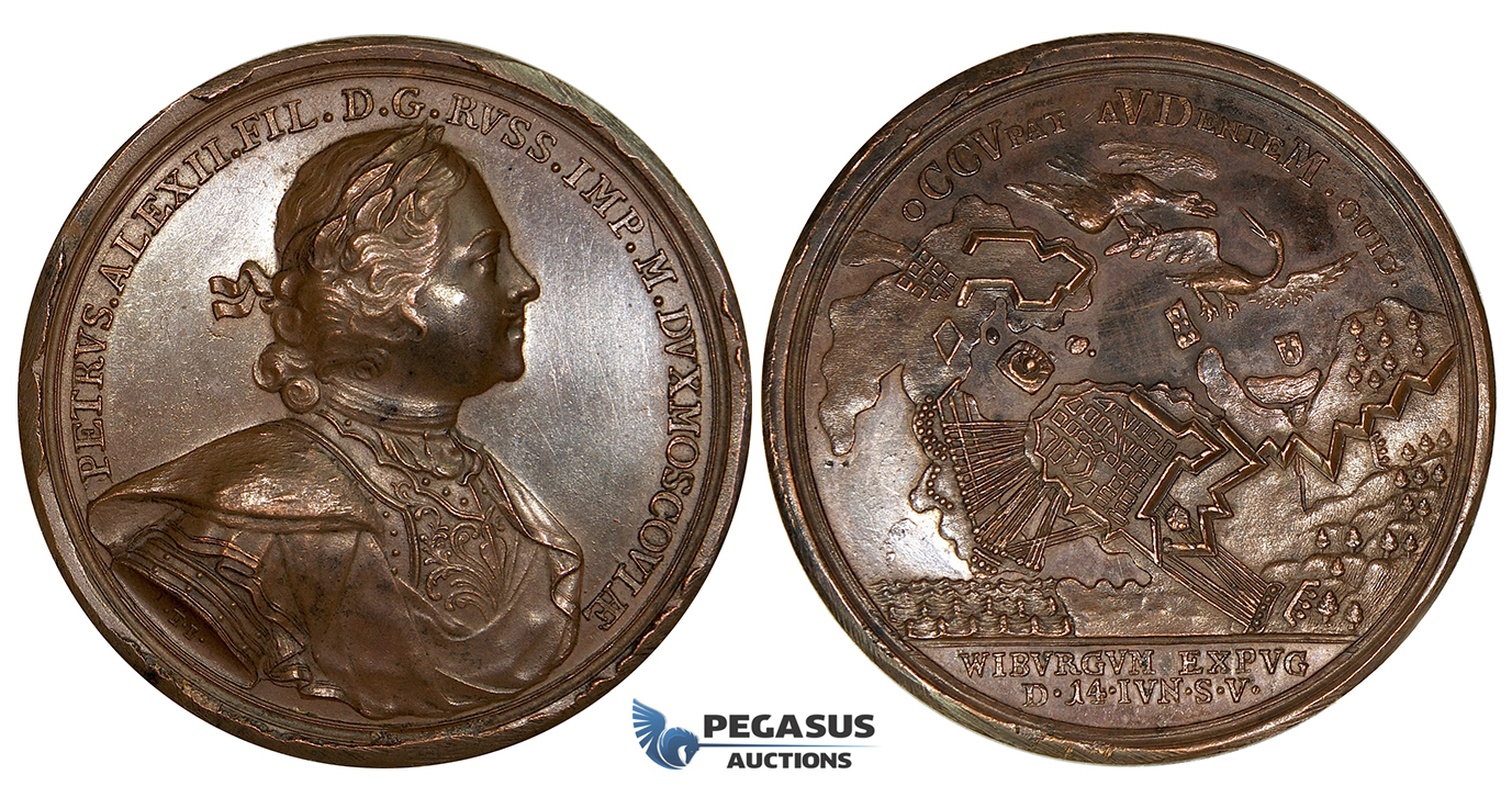 ZG77, Russia, Peter I, Bronze Medal (Ø 47mm, 40.87g) by T. Ivanov, Commemorating the conquest of Viborg (Sweden) 1710, 19th Century Restrike