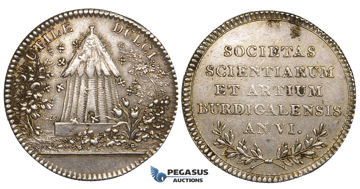 ZG85, France, Bordeaux, AR Medal Jeton (Ø30mm, 9.65g) AN VI (1798) Apiculture bee hive