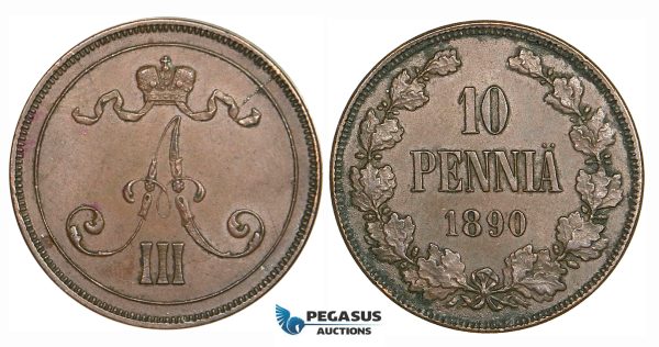 ZG88, Finland (under Russia) Alexander III, 10 Penniä 1890, Brown XF, Rare!
