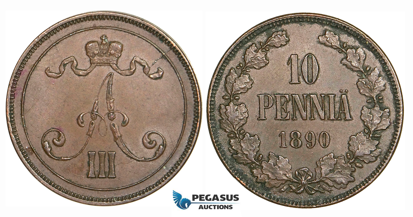 ZG88, Finland (under Russia) Alexander III, 10 Penniä 1890, Brown XF, Rare!