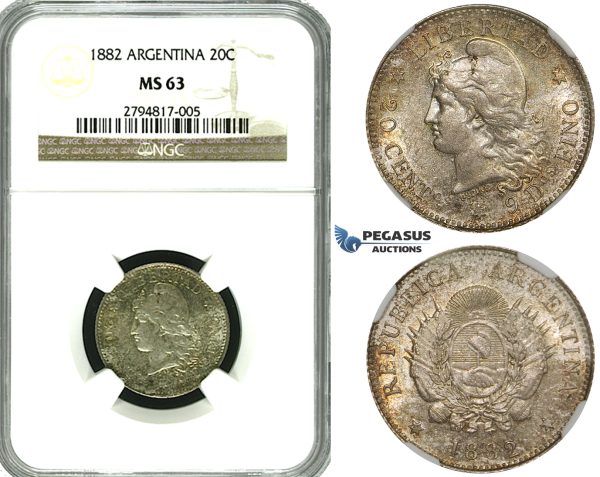 ZG96, Argentina, 20 Centavos 1882, Silver, NGC MS63
