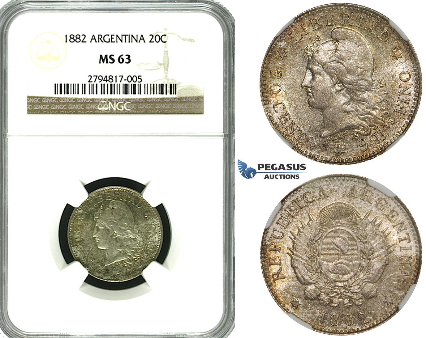ZG96, Argentina, 20 Centavos 1882, Silver, NGC MS63