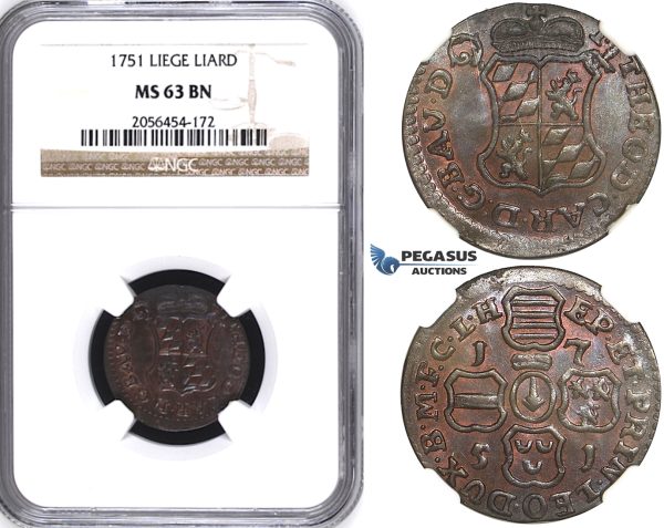 ZG97, Belgium, Liege, Johann Theodor of Bavaria, Liard 1751, NGC MS63BN