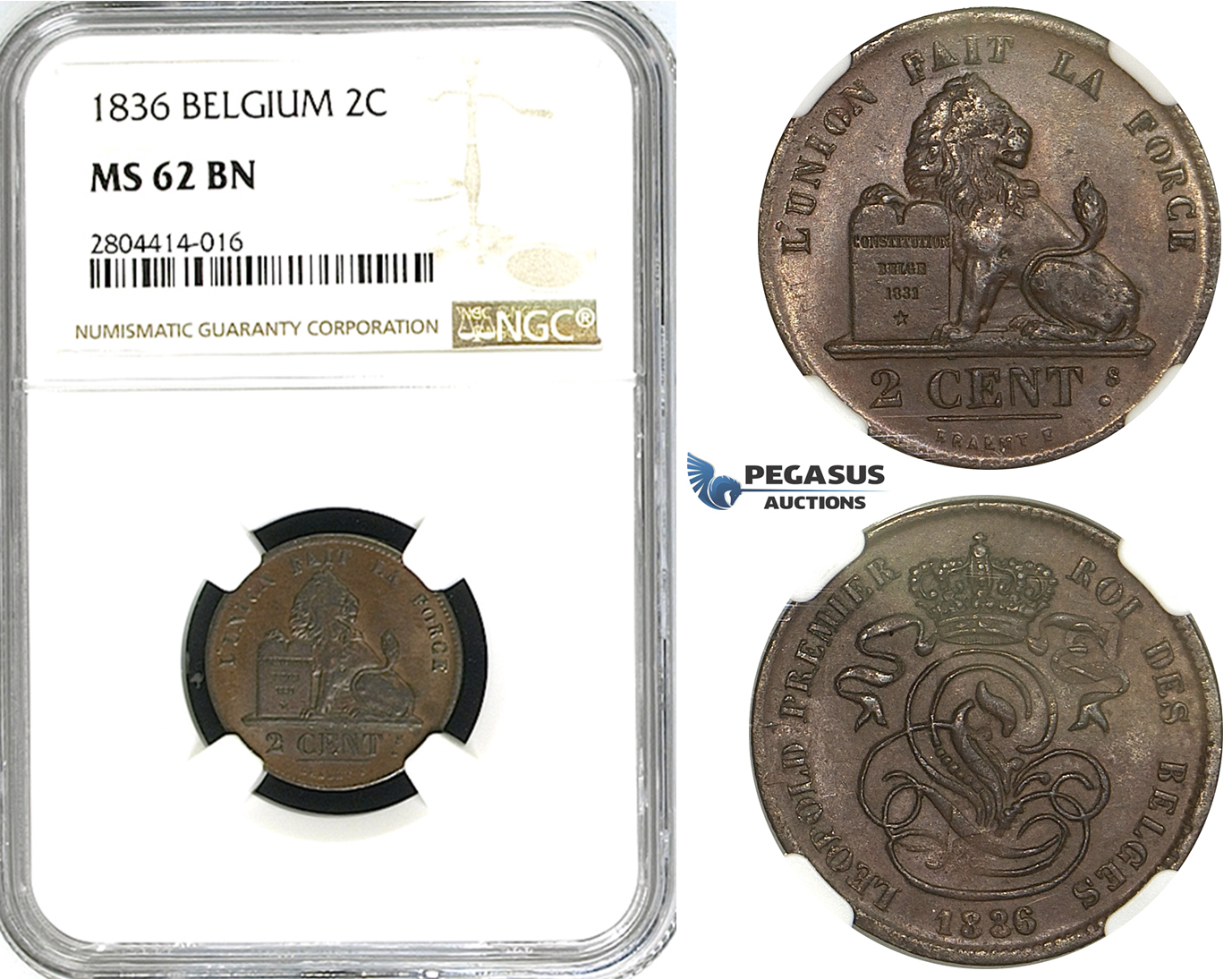 ZG98, Belgium, Leopold I, 2 Centimes 1836, NGC MS62BN (No dot)