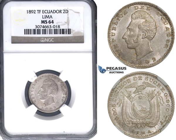 ZH12, Ecuador, 2 Decimos De Sucre 1892 TF, Lima, Silver, NGC MS64