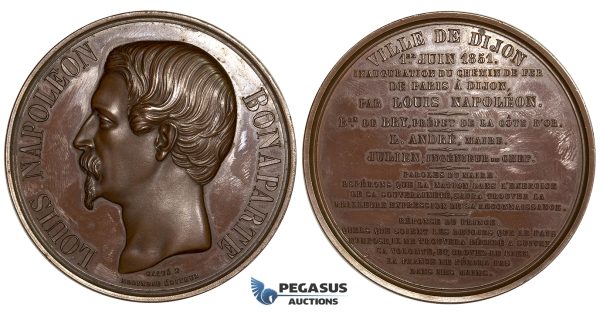 ZH18, France, Dijon, Louis Napoleon, Bronze Medal 1851 (Ø 66mm) on the Paris-Dijon Railway inauguration, Rare!