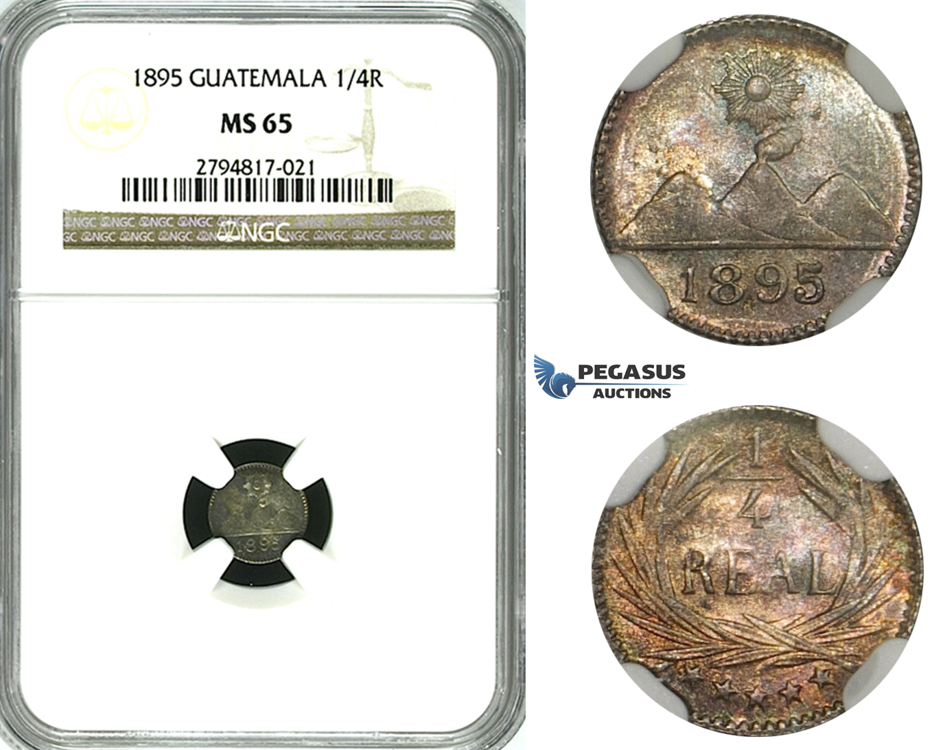 ZH27, Guatemala, 1/4 Real 1895, Silver, NGC MS65 (Rainbow toning)
