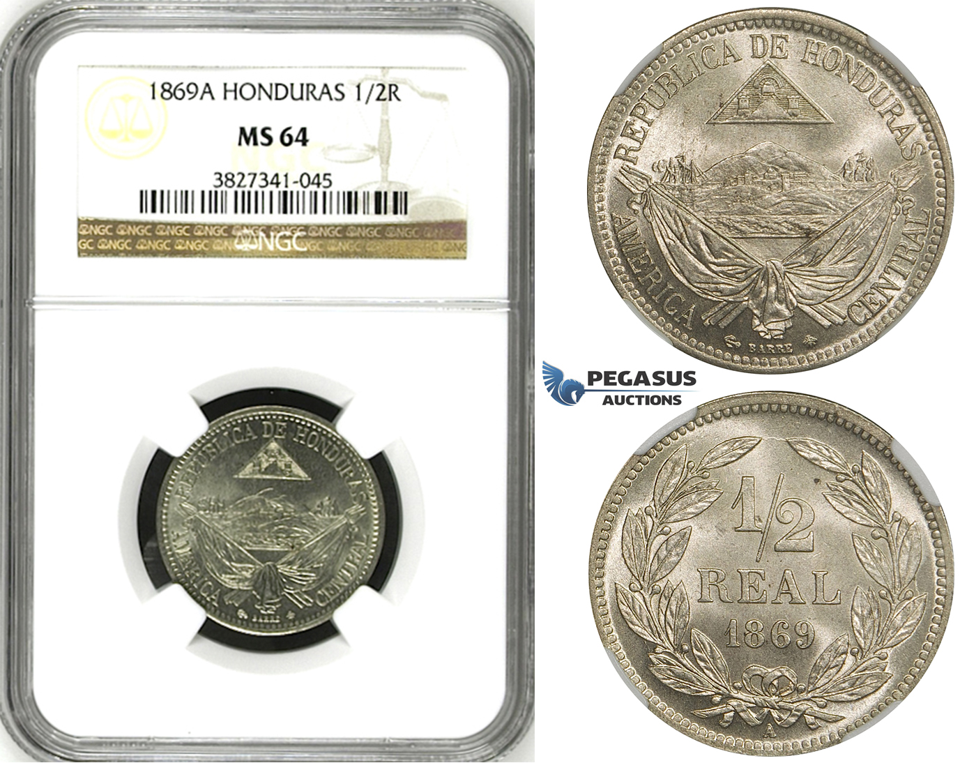 ZH30, Honduras, 1/2 Real 1869-A, Paris, NGC MS64