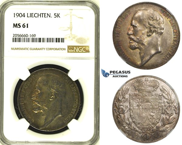 ZH42, Liechtenstein, Johann II, 5 Kronen 1904, Vienna, Silver, NGC MS61