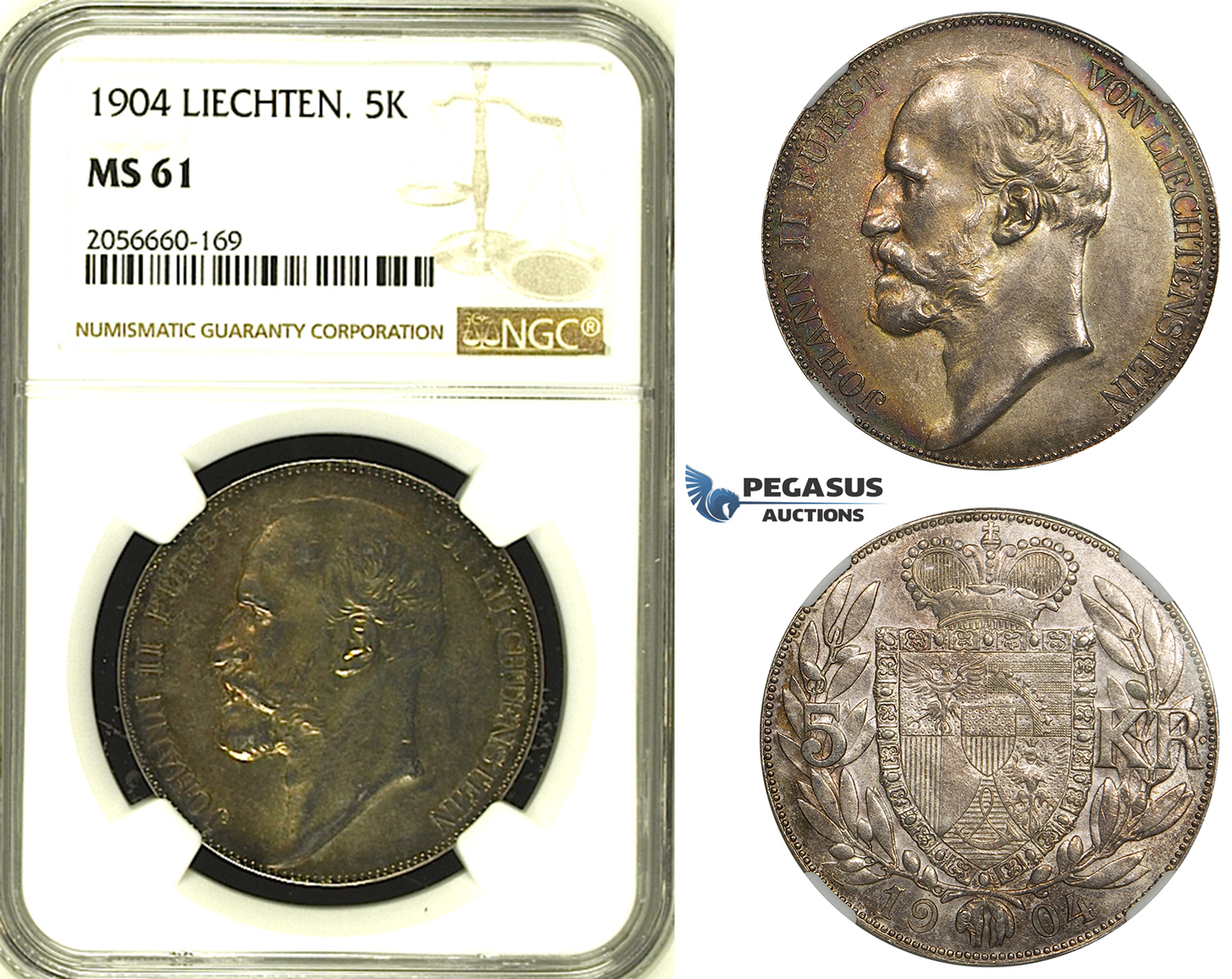 ZH42, Liechtenstein, Johann II, 5 Kronen 1904, Vienna, Silver, NGC MS61