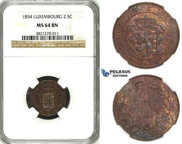 ZH43, Luxembourg, William III, 2 1/2 Centimes 1854, Brussels, NGC MS64BN