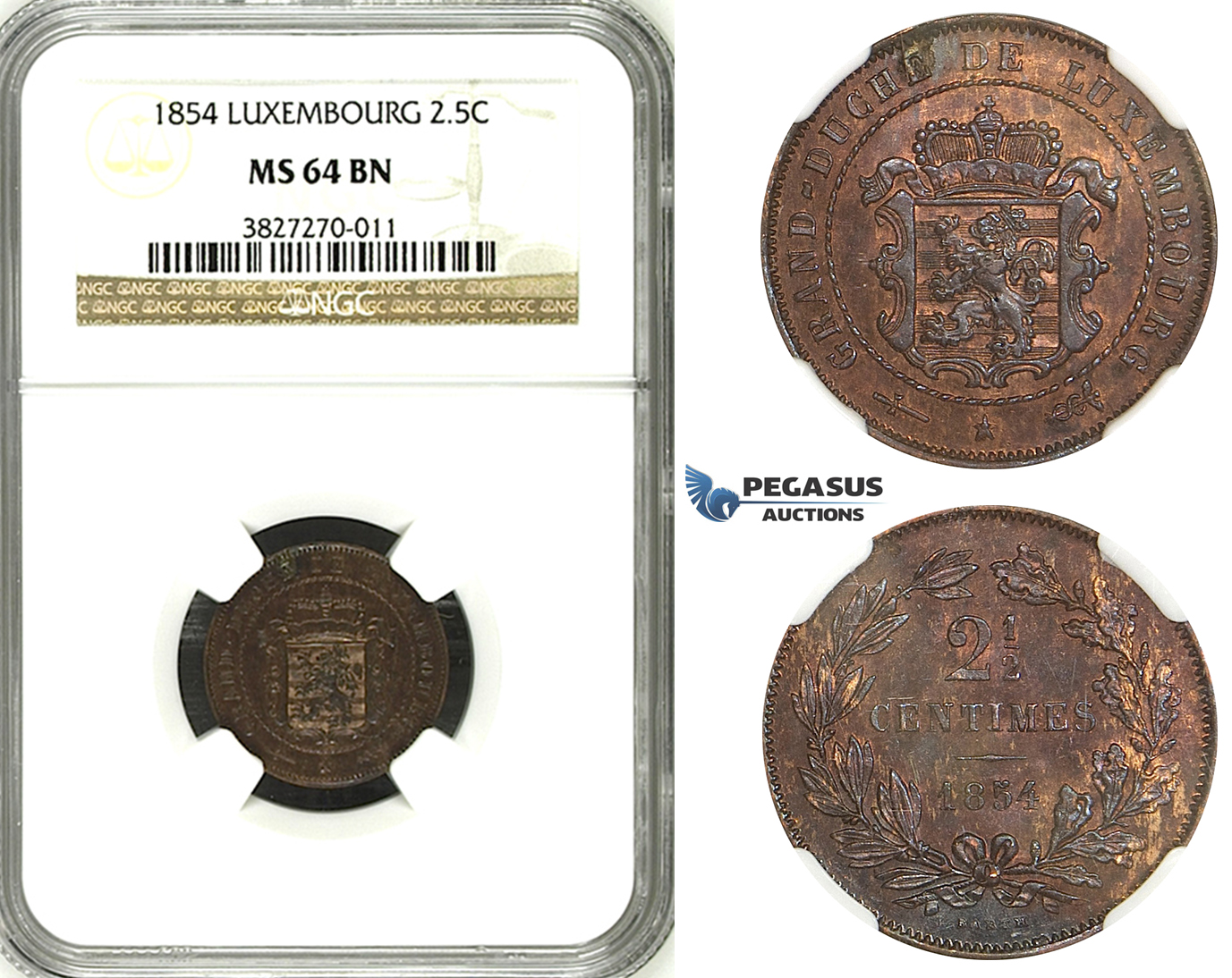 ZH43, Luxembourg, William III, 2 1/2 Centimes 1854, Brussels, NGC MS64BN
