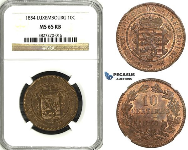 ZH44, Luxembourg, William III, 10 Centimes 1854, Brussels, NGC MS65RB Pop 1/0, Finest!