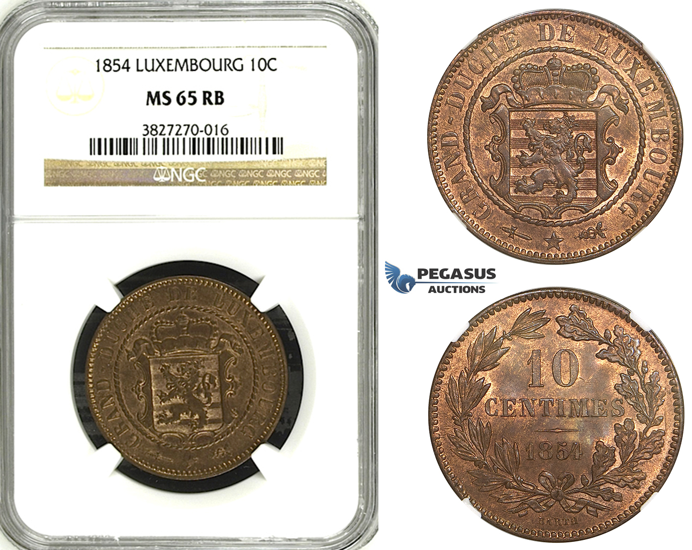 ZH44, Luxembourg, William III, 10 Centimes 1854, Brussels, NGC MS65RB Pop 1/0, Finest!
