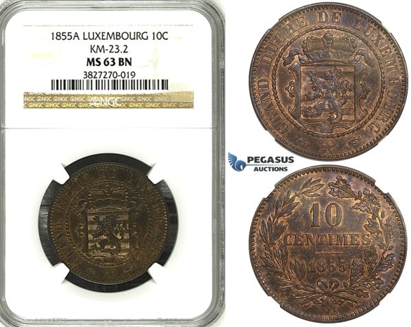 ZH45, Luxembourg, William III, 10 Centimes 1855-A, Paris, NGC MS63BN